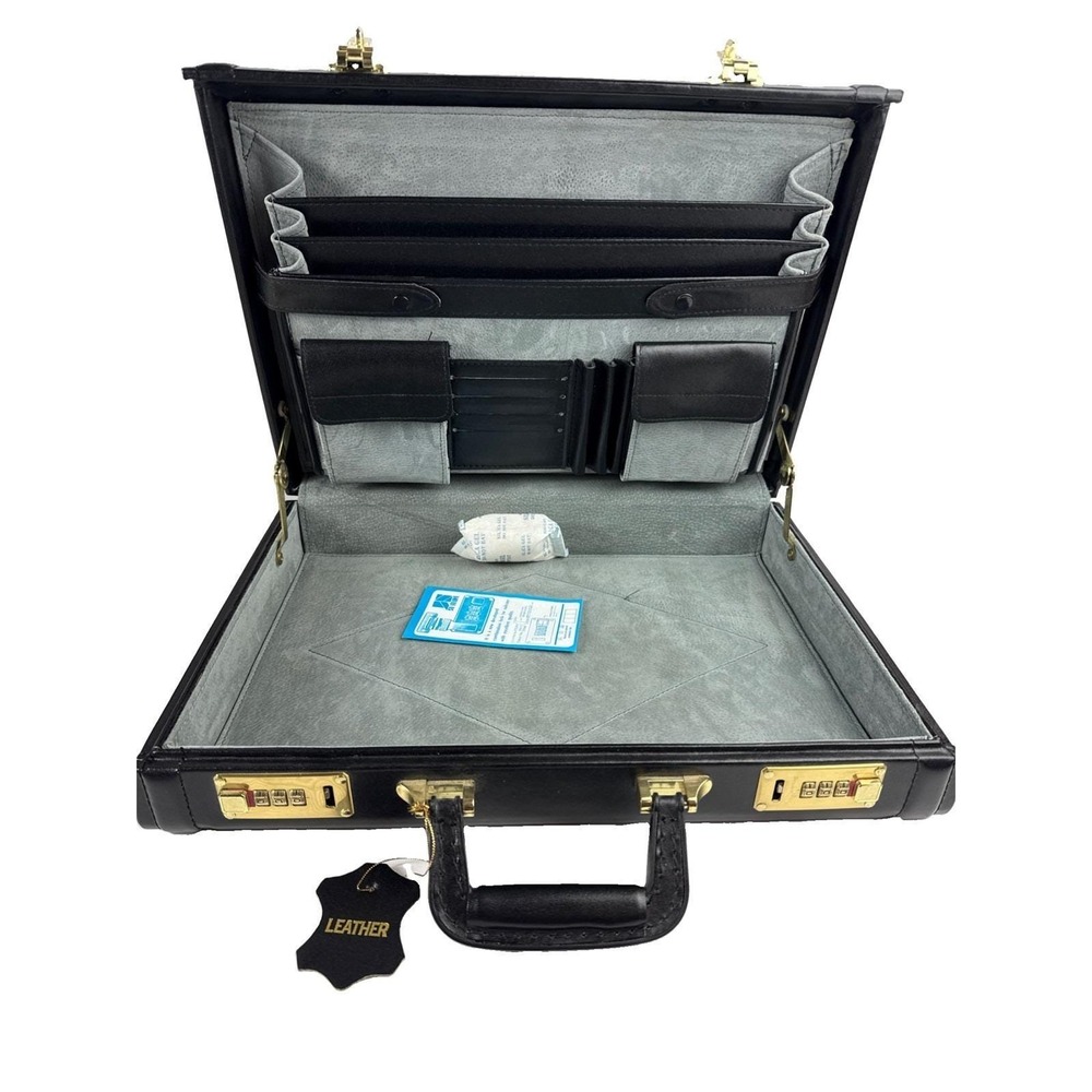 Vintage Black Leather Briefcase Hard Case Brass Dual Combination Locks New